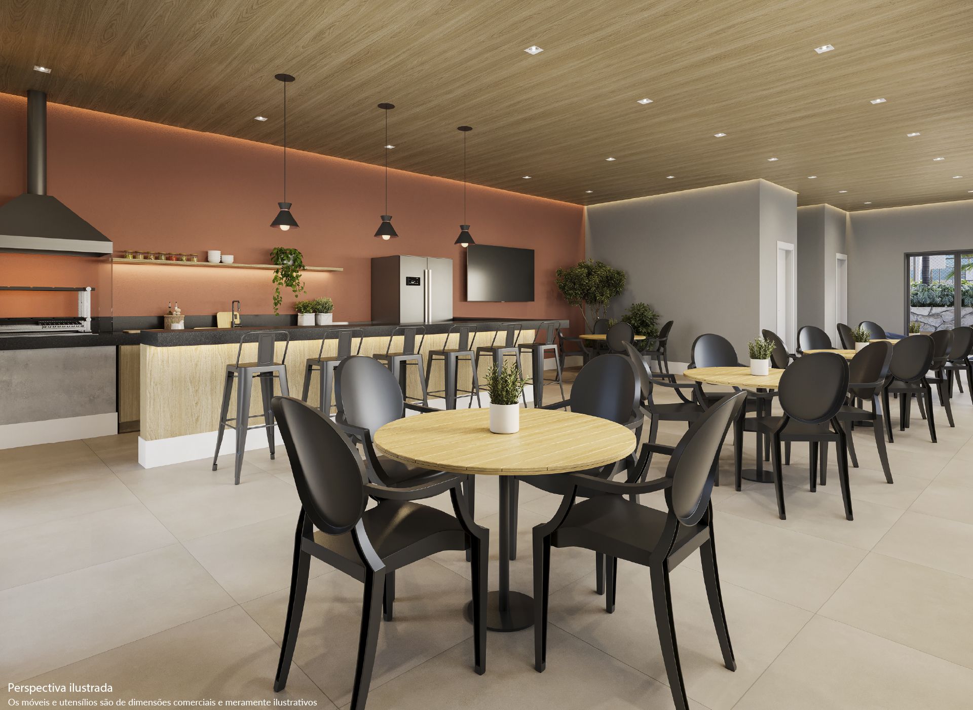 Espaço comunitário interno com mesas, cadeiras, um bar e área de cozinha; cores neutras com teto de madeira.