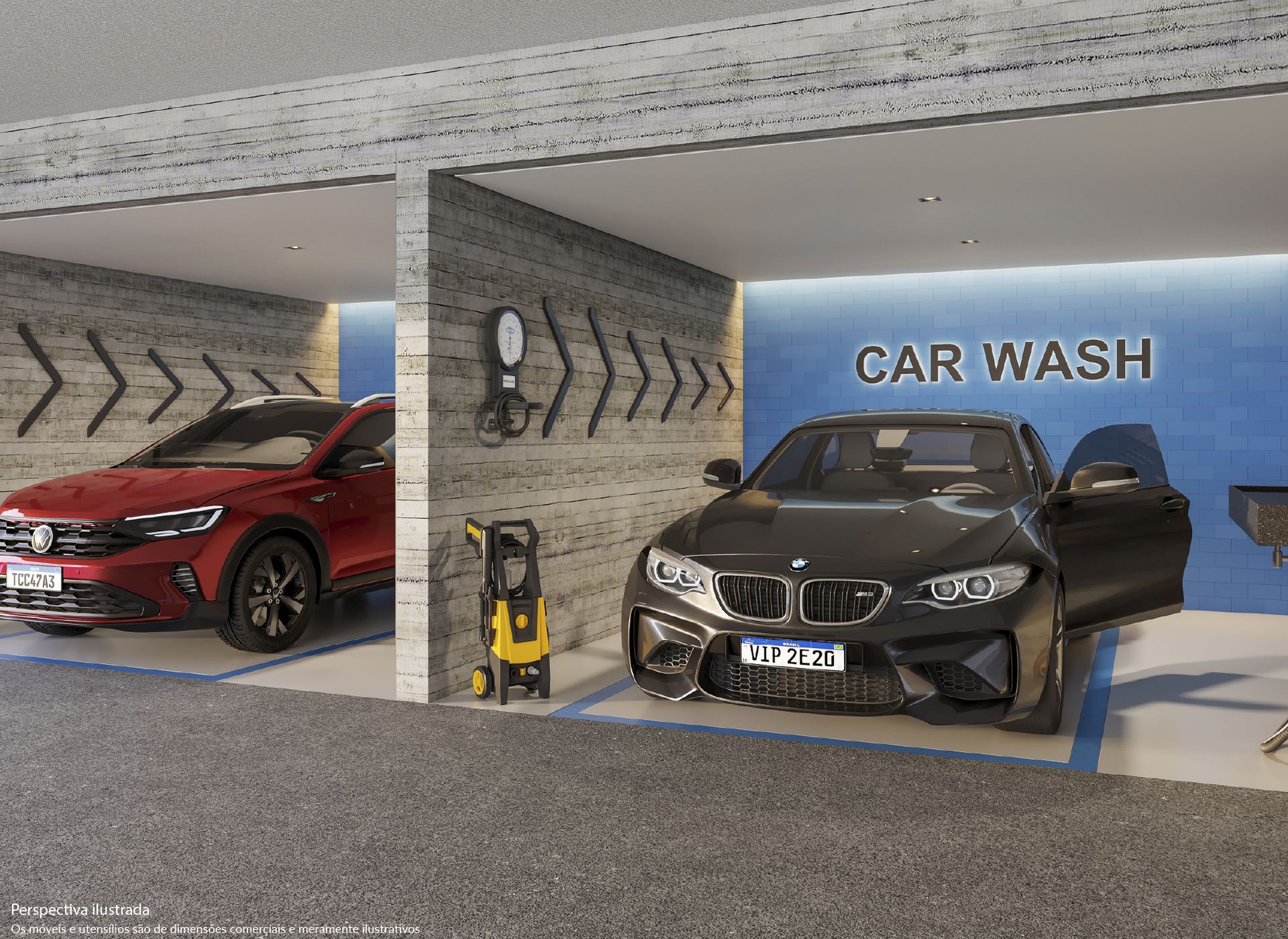 Lava-rápidos com um SUV vermelho e um carro preto; inclui uma lavadora de alta pressão e sinalização