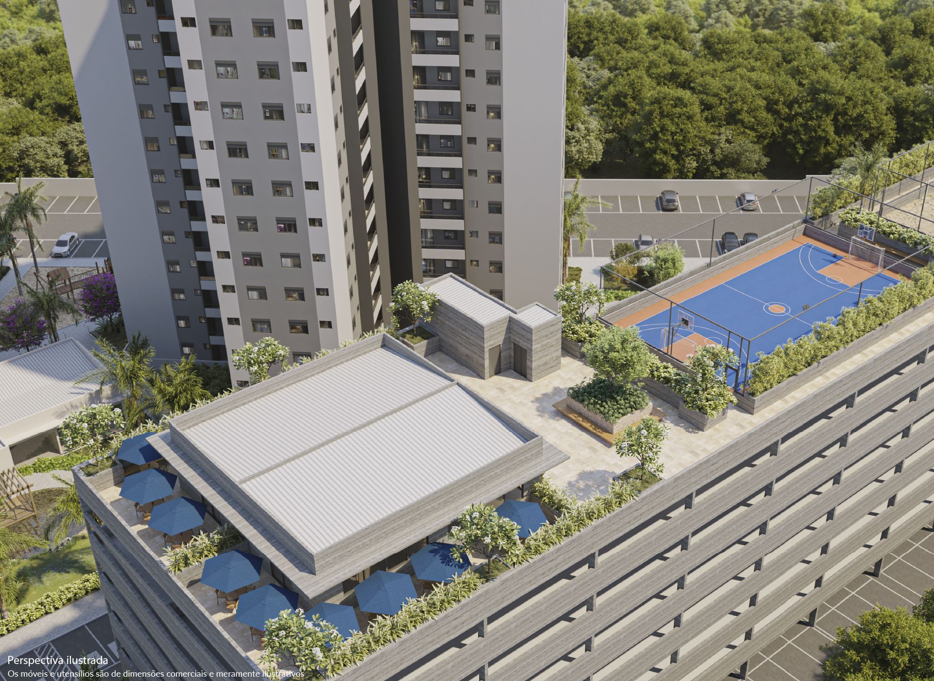 Complexo de apartamentos altos com comodidades na cobertura, incluindo quadra de basquete e áreas de estar na sombra.