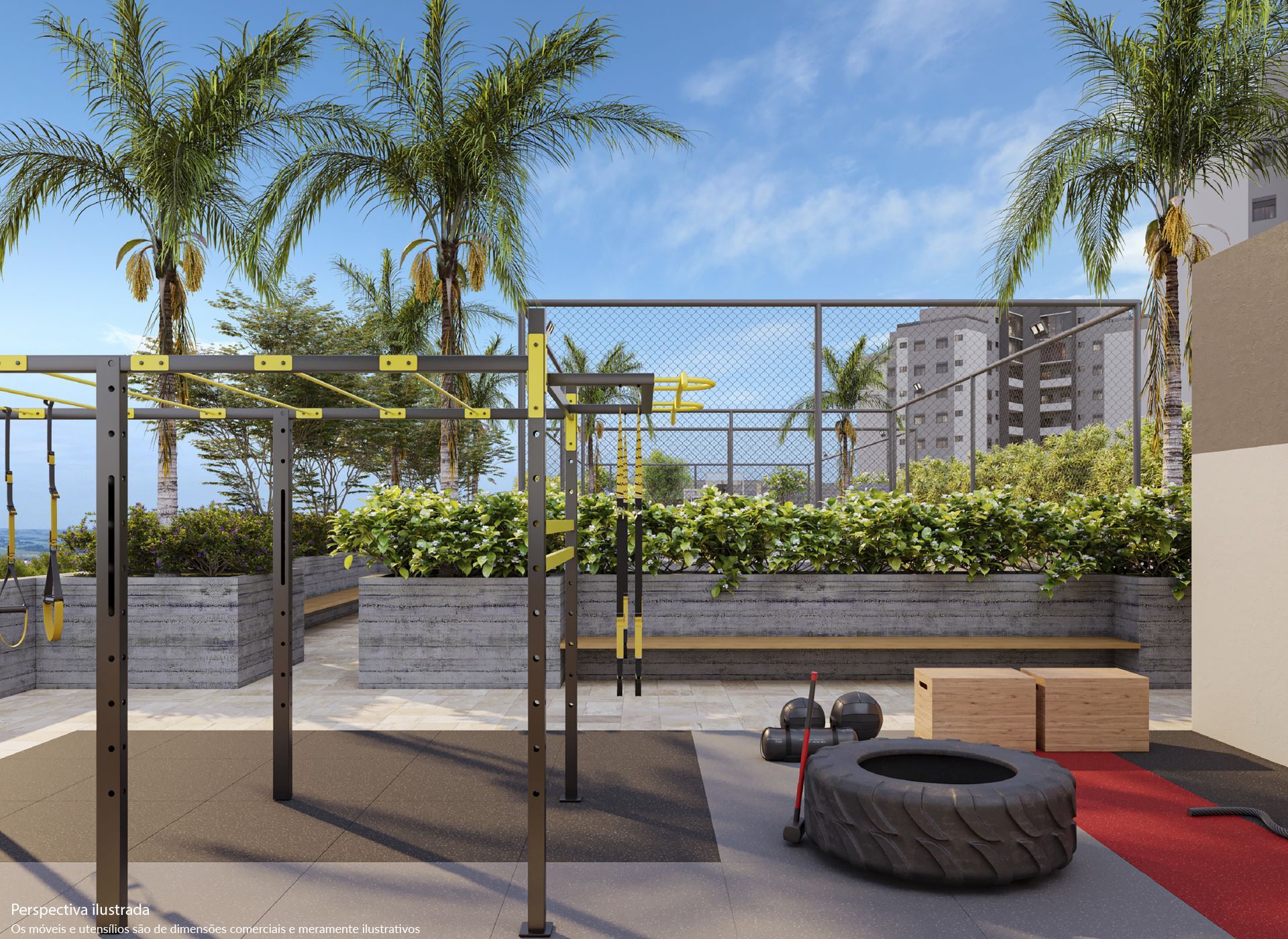 Área de fitness ao ar livre com equipamentos de ginástica, palmeiras e um prédio sob um céu azul.