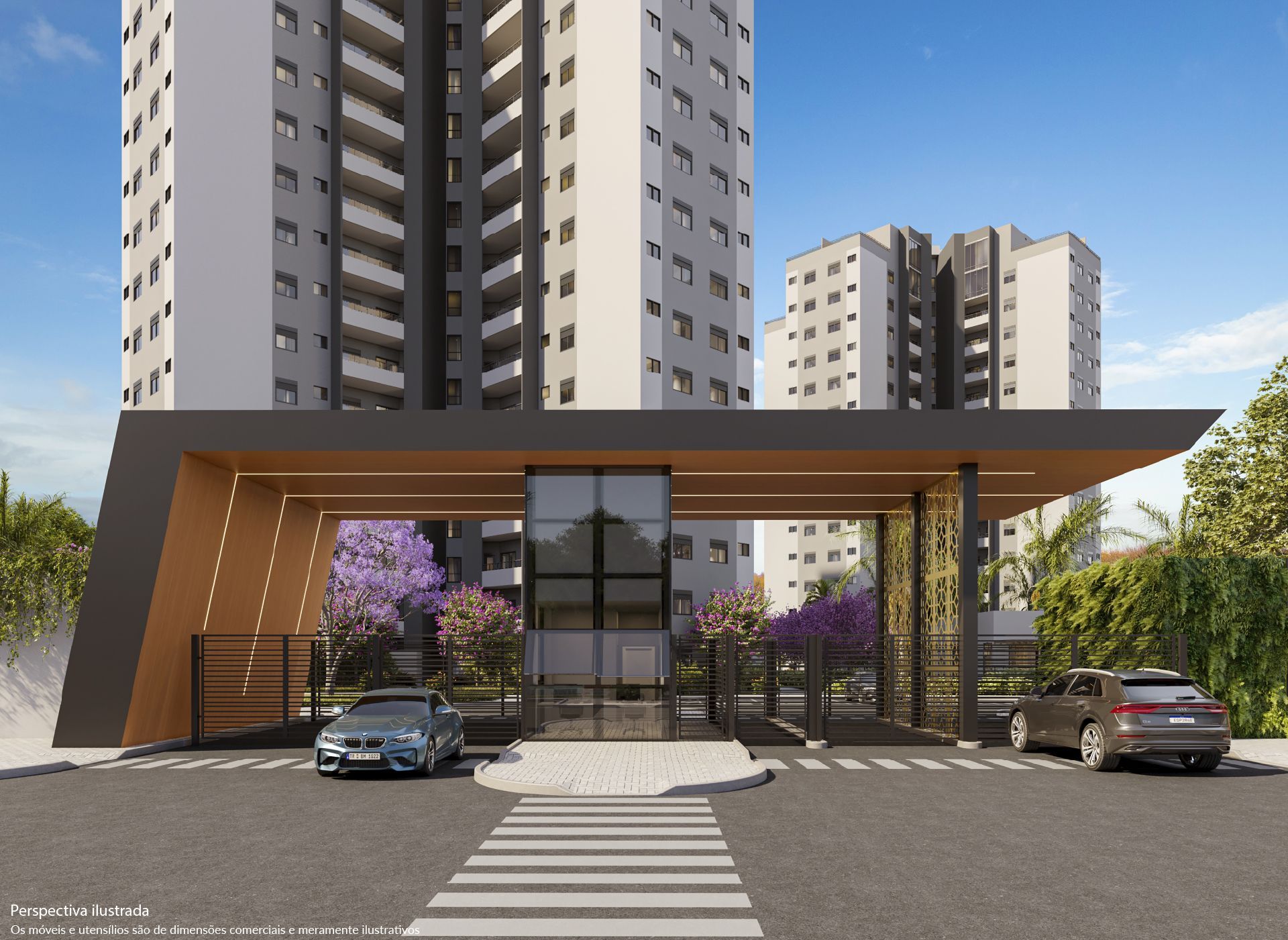 Entrada de prédio de apartamentos com design moderno, carros e faixa de pedestres. Tons cinza e marrom.