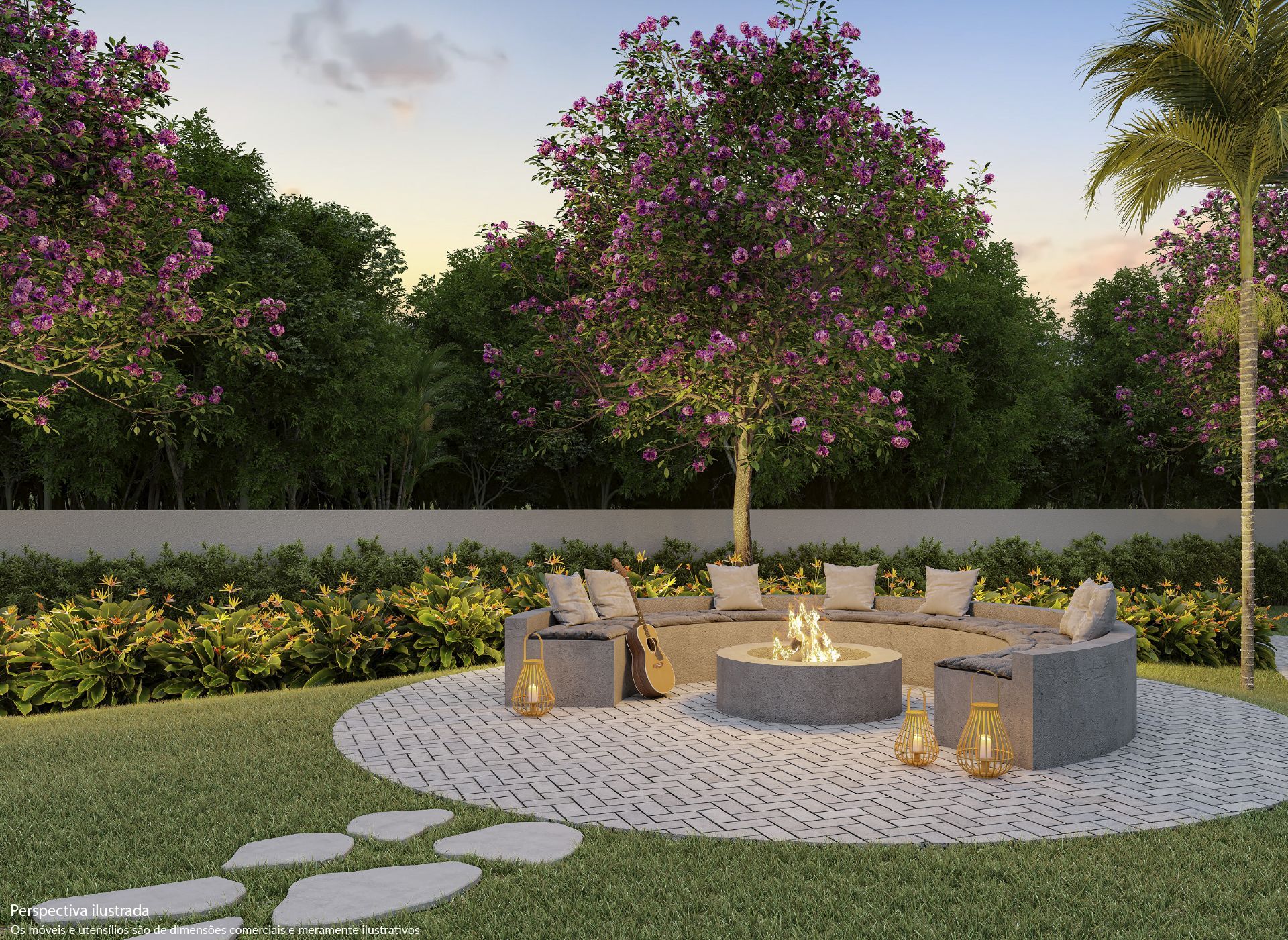 Área de estar ao ar livre com fogueira, cercada por árvores, lanternas e pedras.