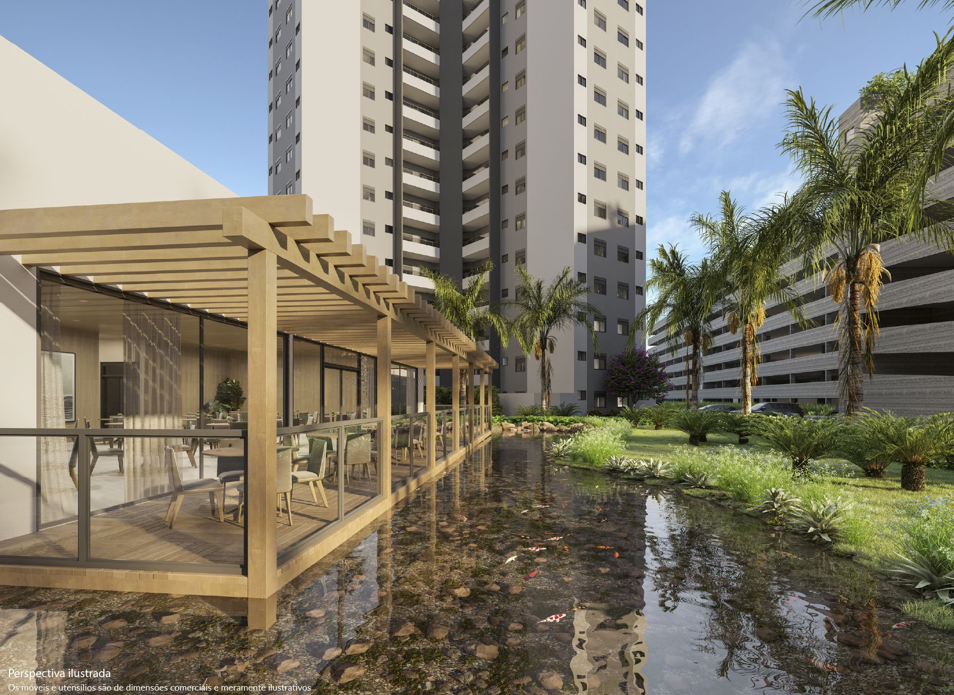 Pátio com espelho d'água, pérgola, mesas e altos prédios de apartamentos.