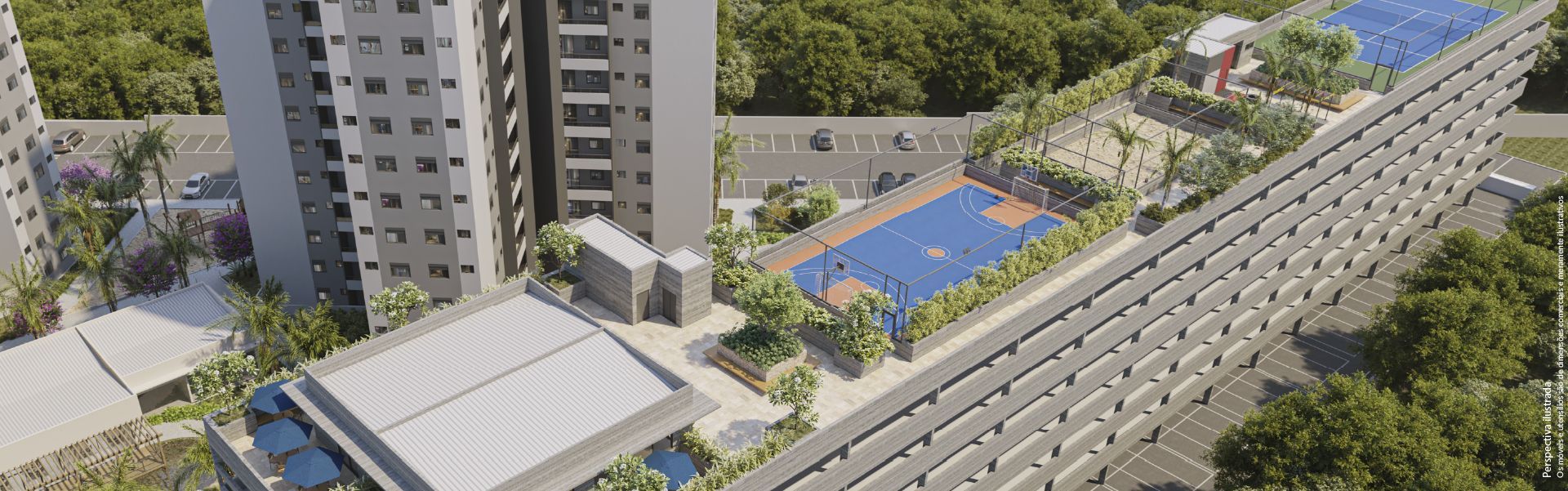 Vista aérea de prédios de apartamentos com uma quadra esportiva azul e fileiras de vagas de estacionamento.