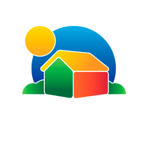 Casa com telhado verde e laterais laranja e vermelhas, sol e céu azul.