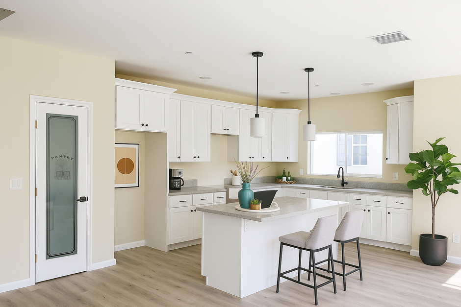 Modern kitchen with white cabinets, island with two stools, and a pantry door.