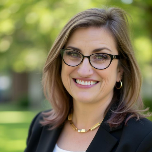 Smiling woman with glasses and hoop earrings, standing outdoors with a blurred green background.