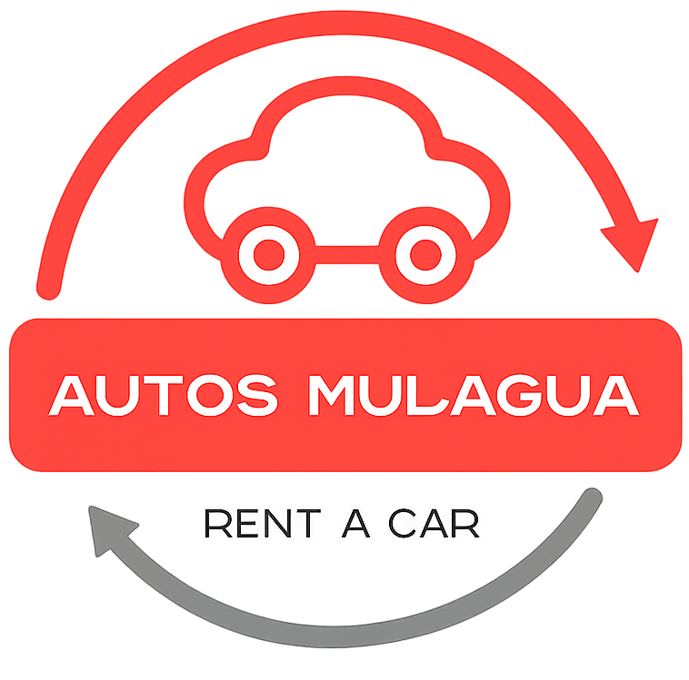 Logotipo de Autos Mulagua rent a car con icono de coche rojo y flechas circulares grises.