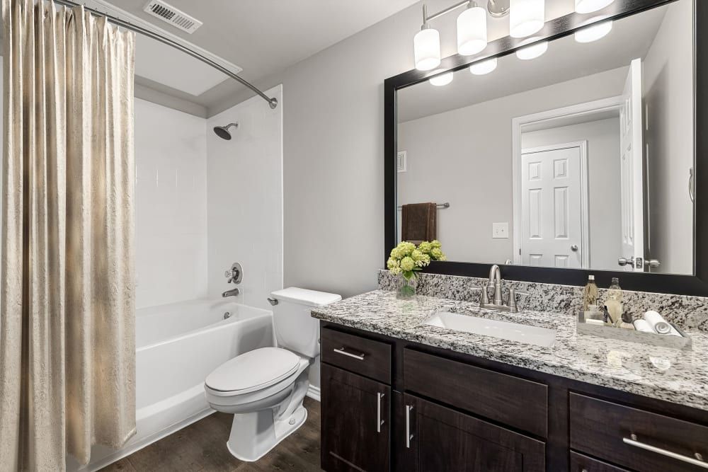 Modern bathroom interior with a bathtub and shower combination to the left closed with a beige shower curtain. A white toilet sits next to the bathtub. To the right, there is a dark wooden vanity with a granite countertop, holding a rectangular sink. Above the vanity is a large mirror framed with black trim, reflecting a portion of the room and a white door. A bouquet of yellow flowers adds a pop of color on the countertop and four bright lights are mounted above the mirror.