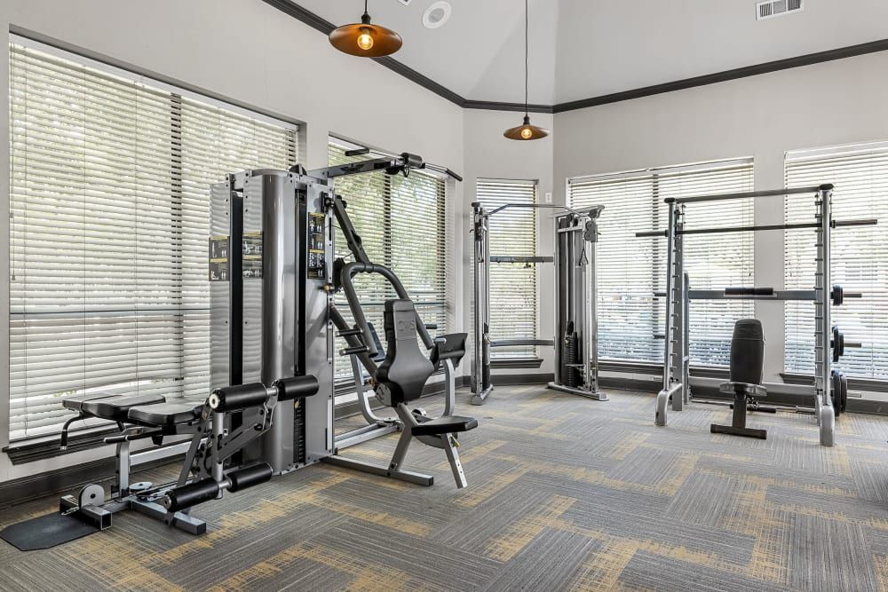 Bright and modern gym interior with natural light coming through Venetian blinds on large windows. The fitness center is equipped with a variety of weight training machines at Marquis at Stonebriar in Frisco, TX.