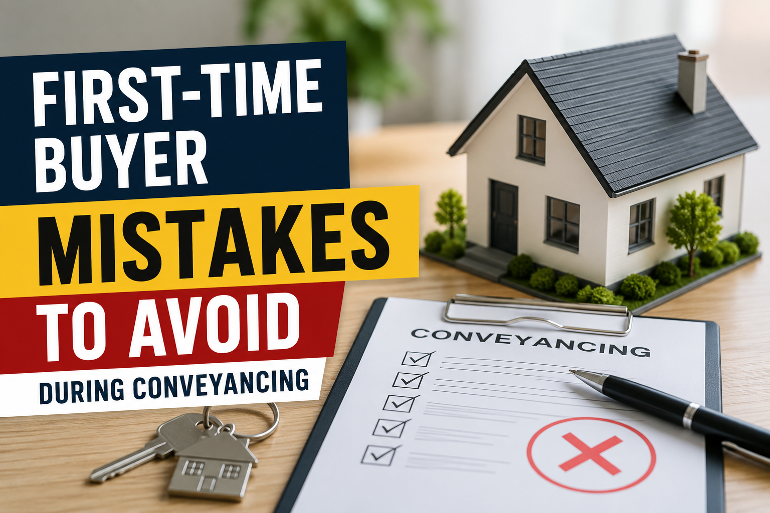 First-time homebuyer mistakes to avoid during conveyancing, with house model and checklist on desk