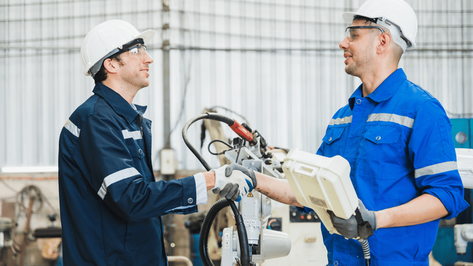 Two men are working on a machine in a factory and shaking hands.