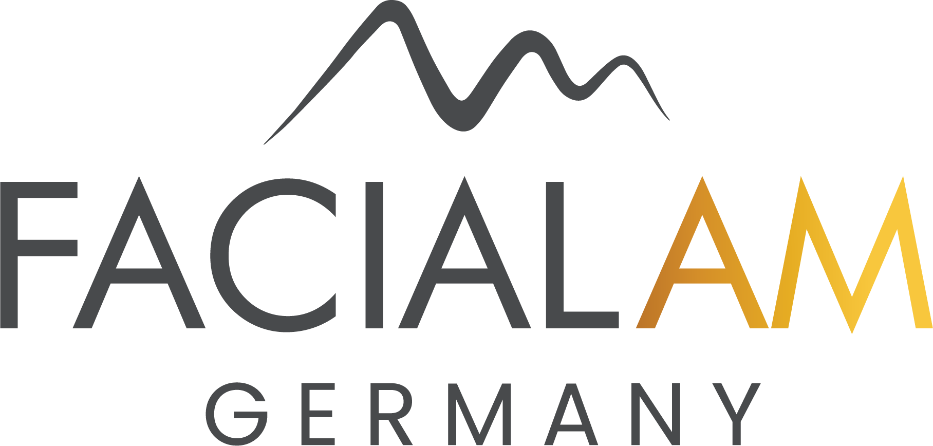 Logo von „Facialam Germany“ mit Bergmotiv darüber. Das „AM“ ist goldfarben, der Rest grau.