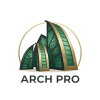 Logo for Arch Pro, featuring stylized green buildings with gold accents within a gold circle; text