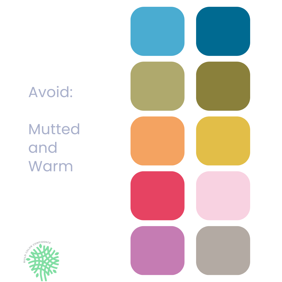 A palette of colors with the words `` avoid : muted and warm '' written on it.