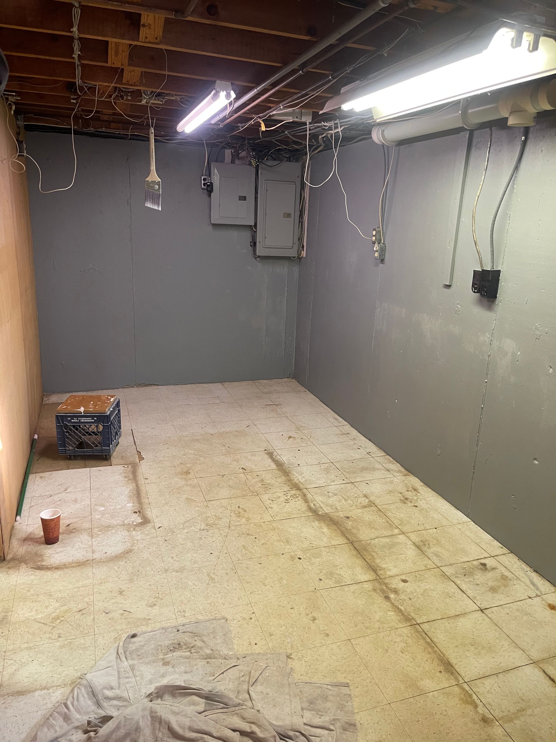 Concrete basement with gray walls, electrical boxes, and fluorescent lights.