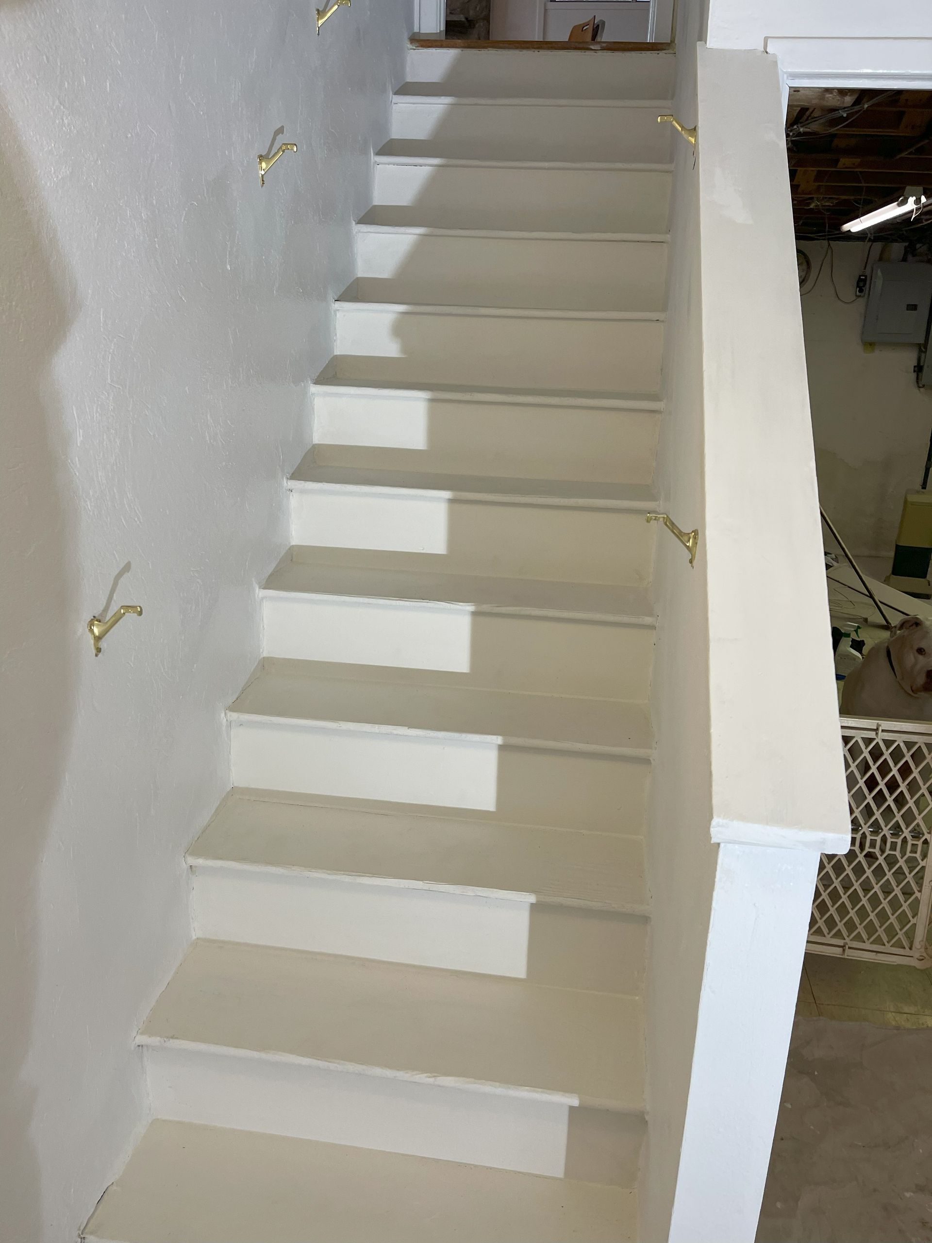 White painted staircase leading upwards with golden coat hooks on the wall.