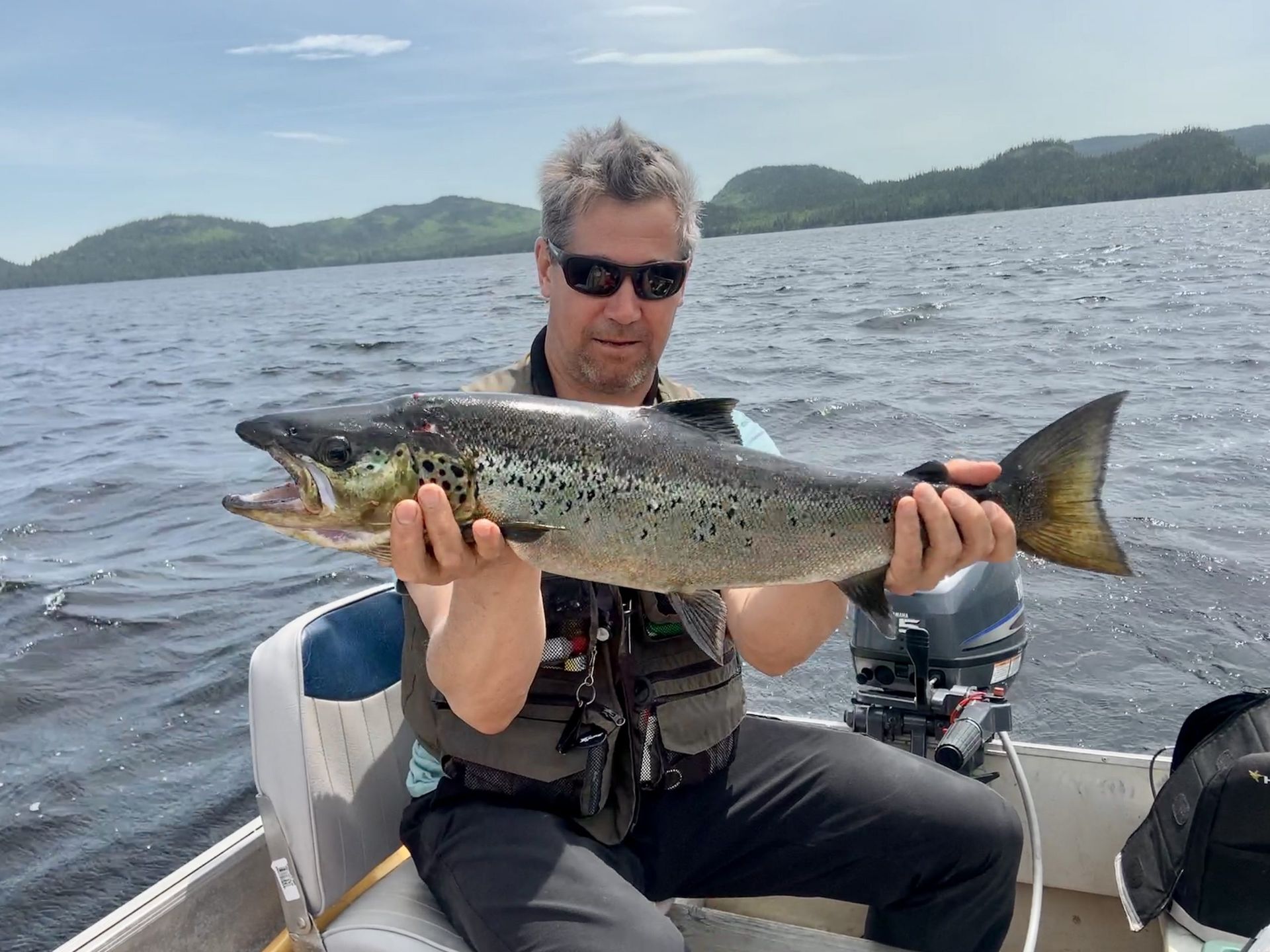 A man is sitting on a boat holding a large fish.