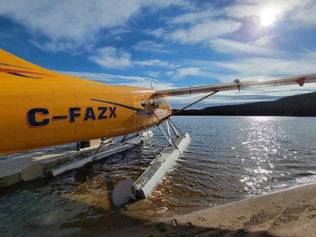 A yellow airplane is sitting on the shore of a lake.