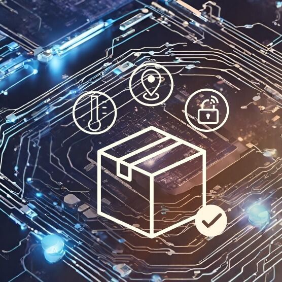 Box with checkmark, surrounded by icons for temperature, location, and security on a circuit board background.