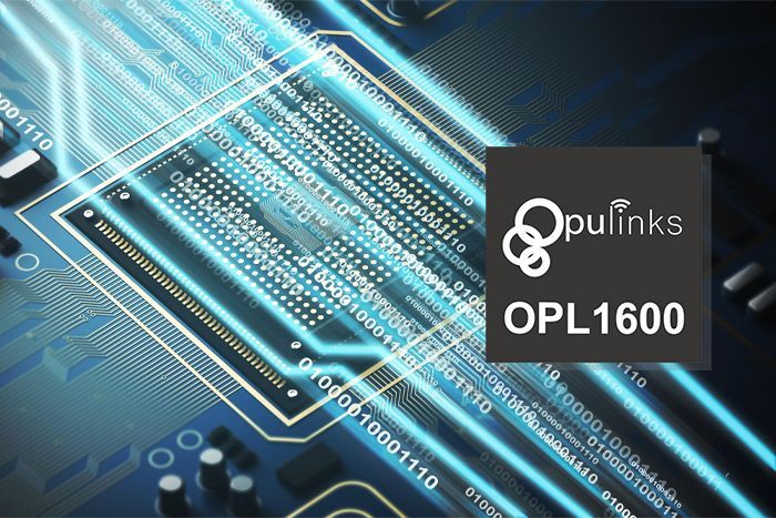 OPULINKS OPL1600 processor on a circuit board, with glowing blue lines and binary code.