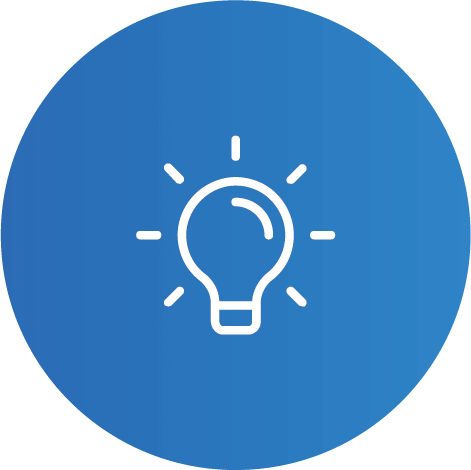 White lightbulb icon radiating lines within a blue circle.