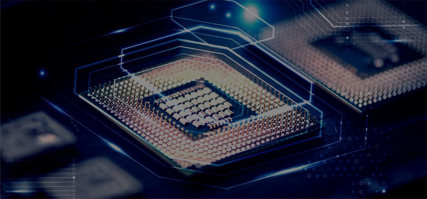 Close-up of computer processors with blue digital overlay highlighting components.