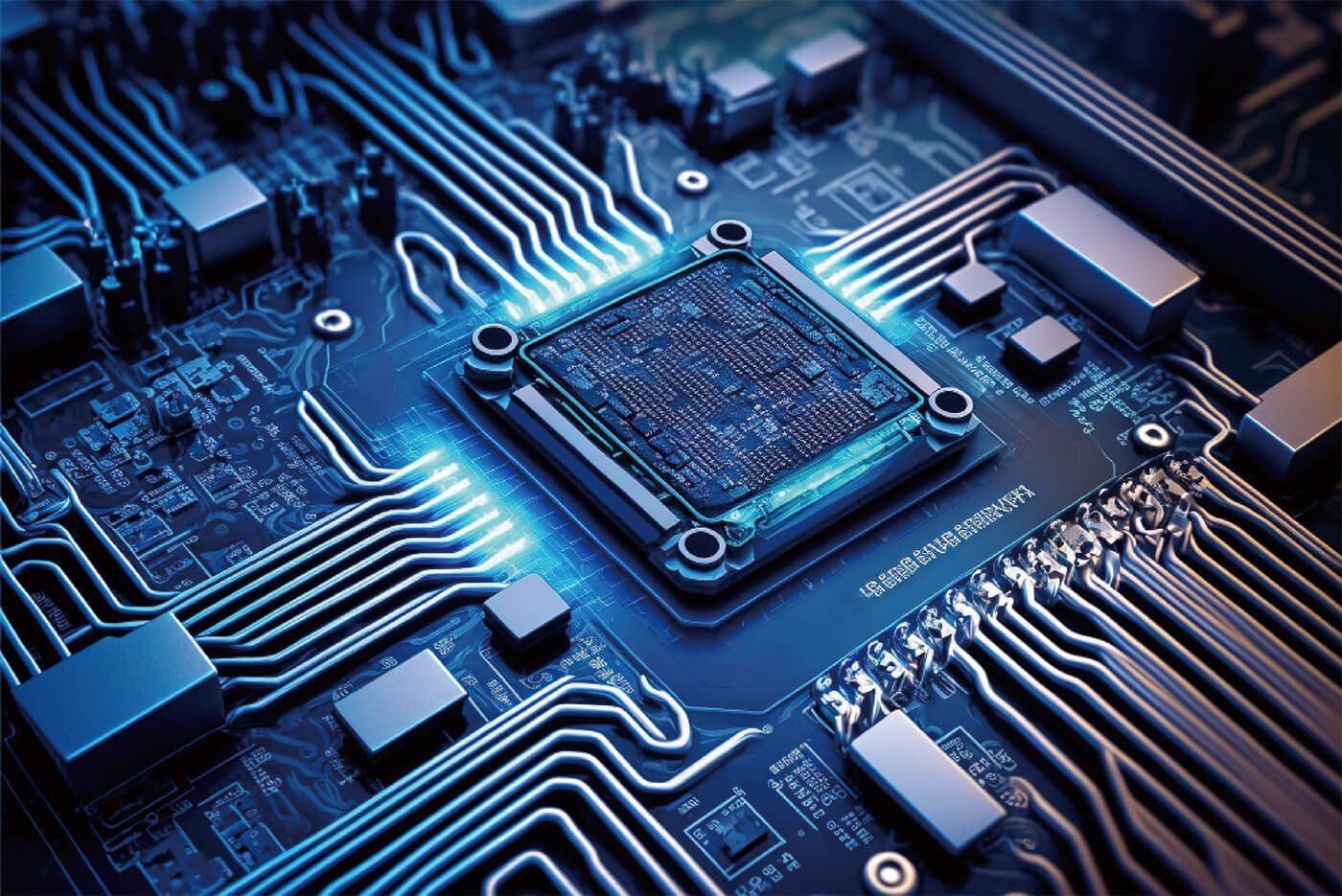 Close-up of a blue and gray computer circuit board, with a glowing central processor.