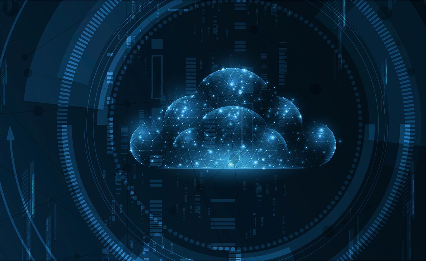 Digital cloud illustration with glowing blue particles, set within circular technological interface.