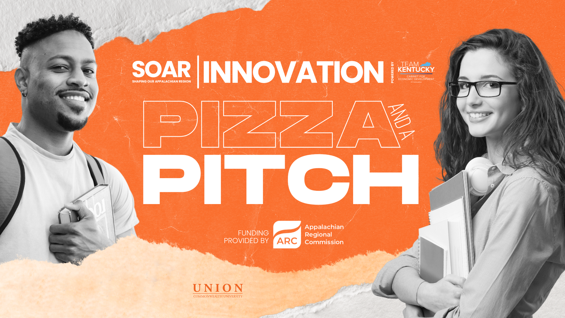 two students on a flyer with info about Pizza and a Pitch. 