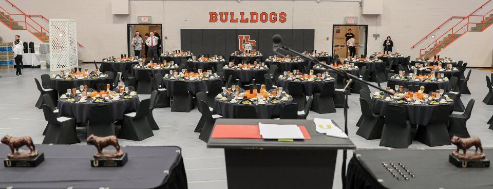 photo from the stage looking out at decorated tables