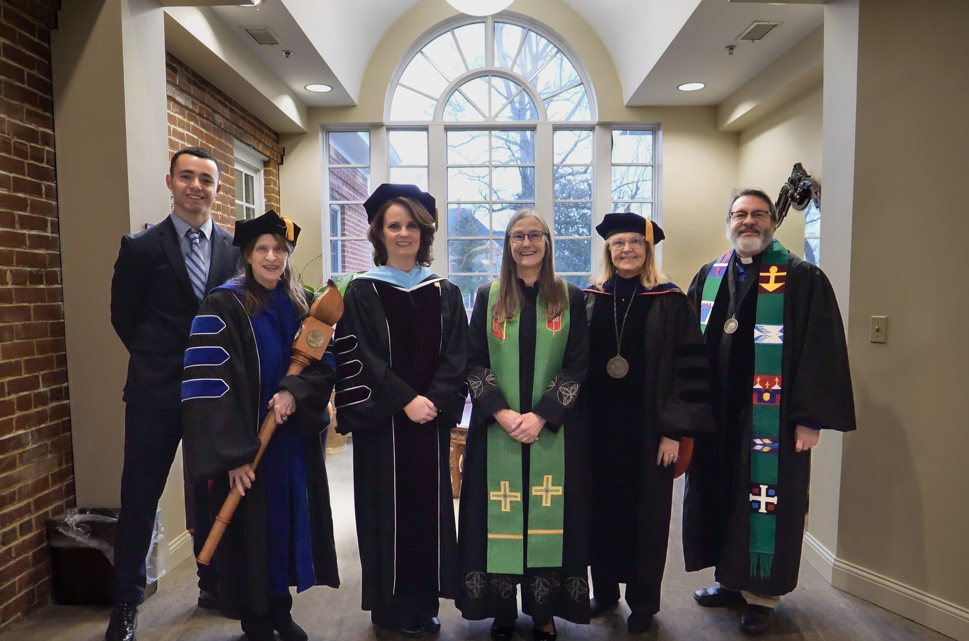 Miller just before Union's spring 2024 Convocation with then Student President Carlos Sainz-Barroso, Dr. Christine Marley-Frederick, Dr. Marisa Greer, Bishop Sandra Steiner Ball, and then President Dr. Marcia Hawkins.