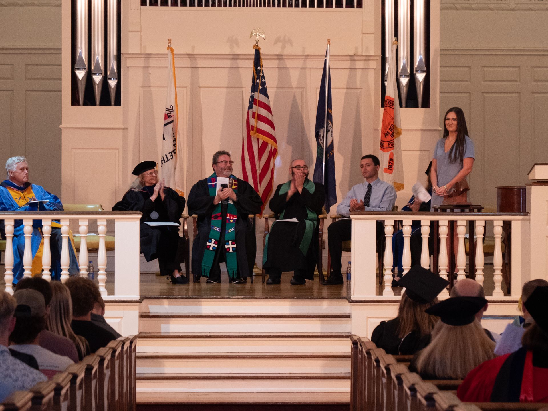 From left to right: Dr. Russell Sisson, Dr. Marcia Hawkins, Reverend David Miller, Reverend Thom Brown, Carlos Sainz Barroso, Dr. Marisa Greer, and Skylar Carnes.