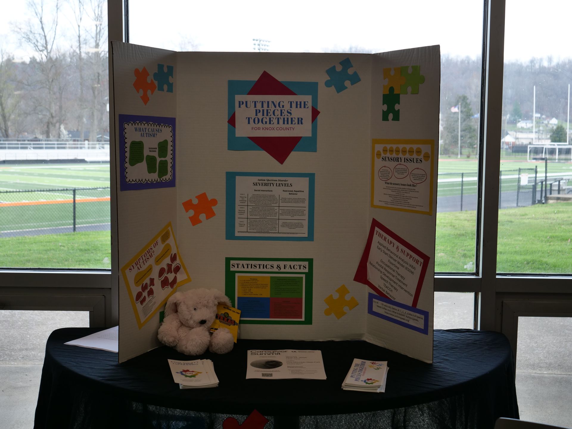 Tri-fold board display labeled Putting the Pieces Together for Knox County, which outlines information about autism.