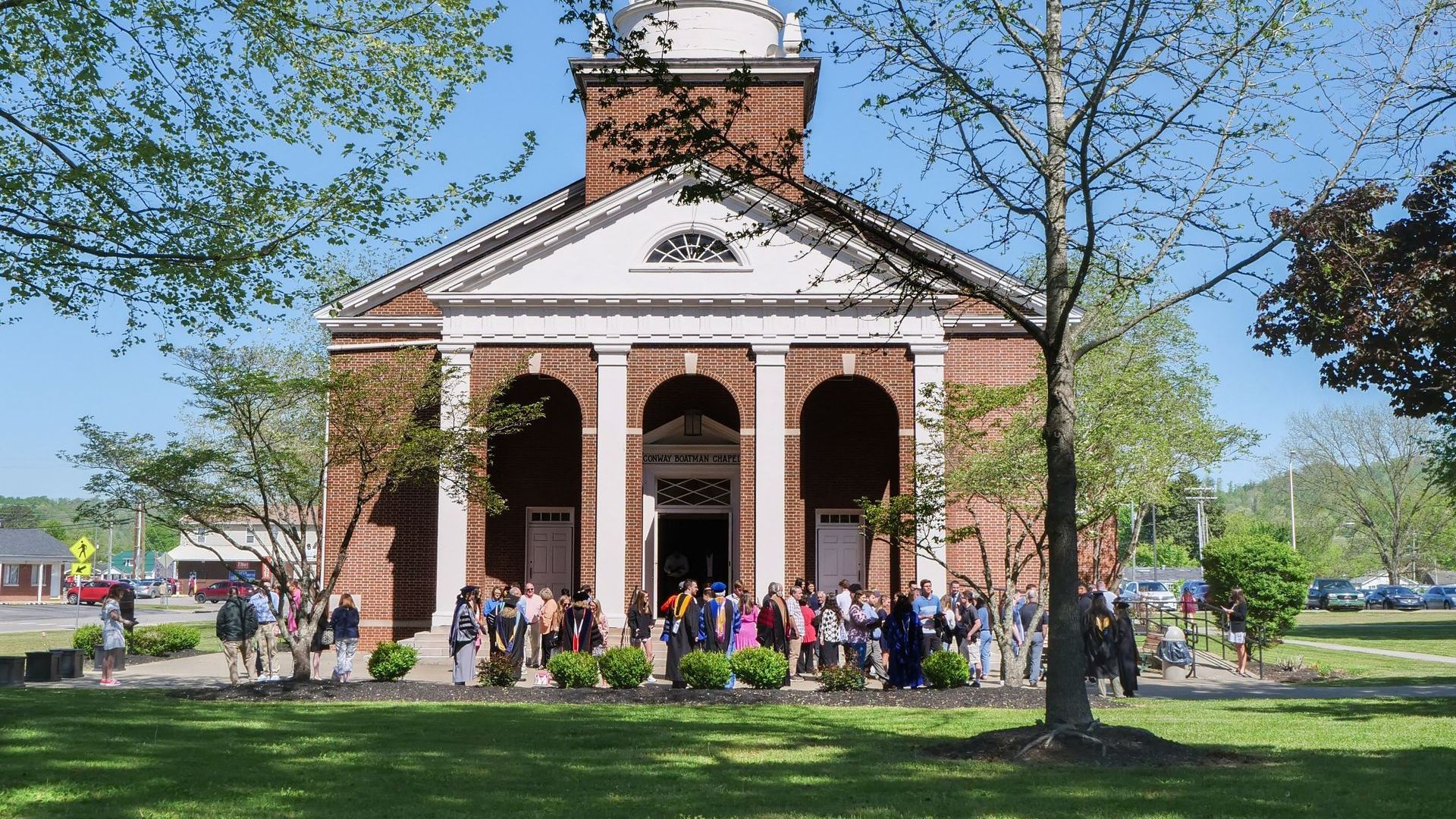 faculty, students, guests gathered outside the chapel for convocation