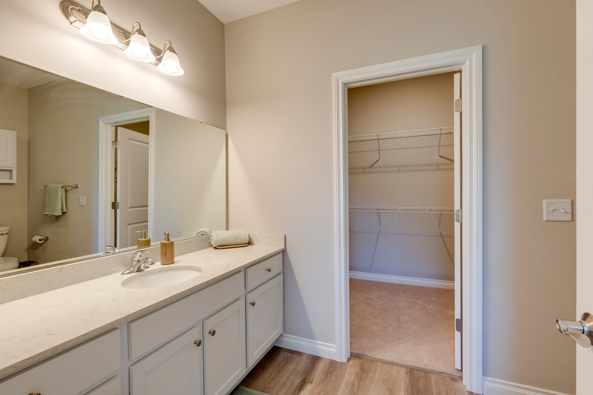 Bathroom with vanity, large mirror, and open doorway to a closet. Beige walls, white cabinets, and wood-look flooring.