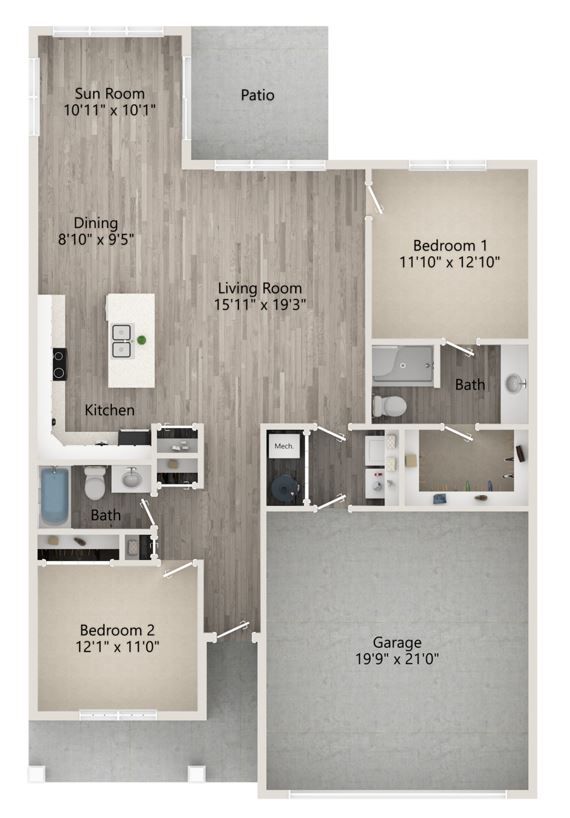 Floor plan of a two-bedroom apartment with kitchen, living room, dining room, and garage.