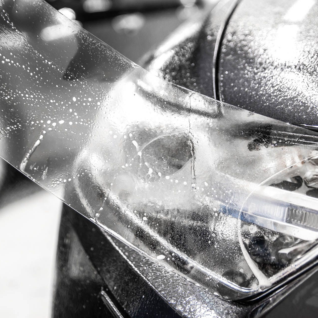 Clear protective film being applied to a car headlight, showing water droplets.