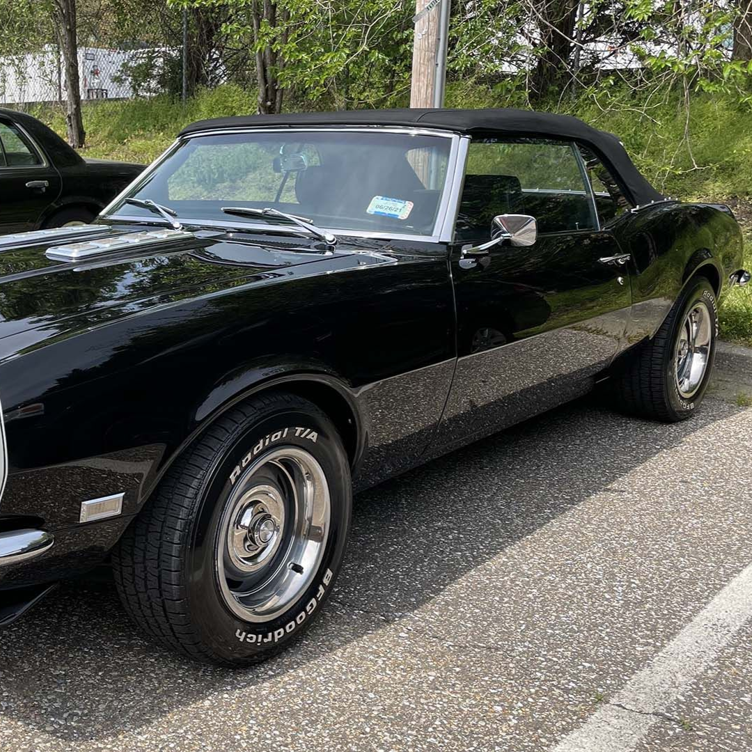 Black convertible classic car parked outdoors.