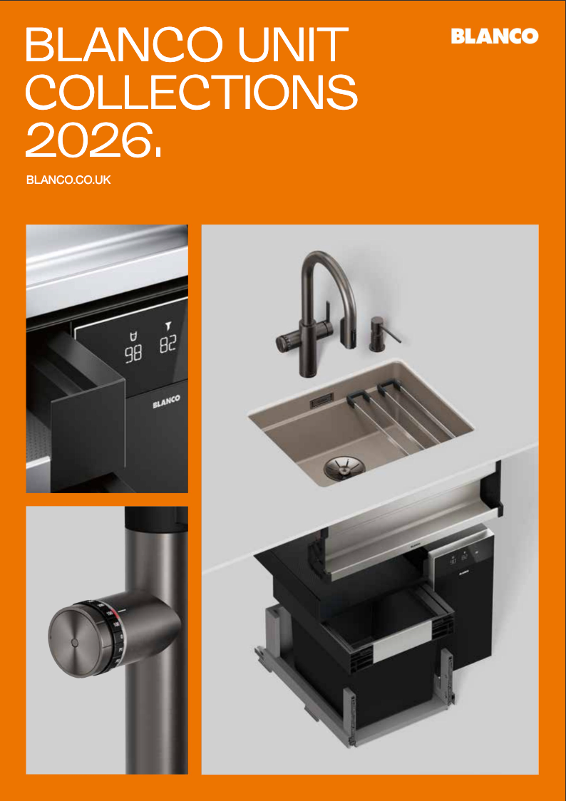 Blanco Unit Collections 2025 brochure cover featuring a sink, faucet, and cabinet systems in a modern kitchen.