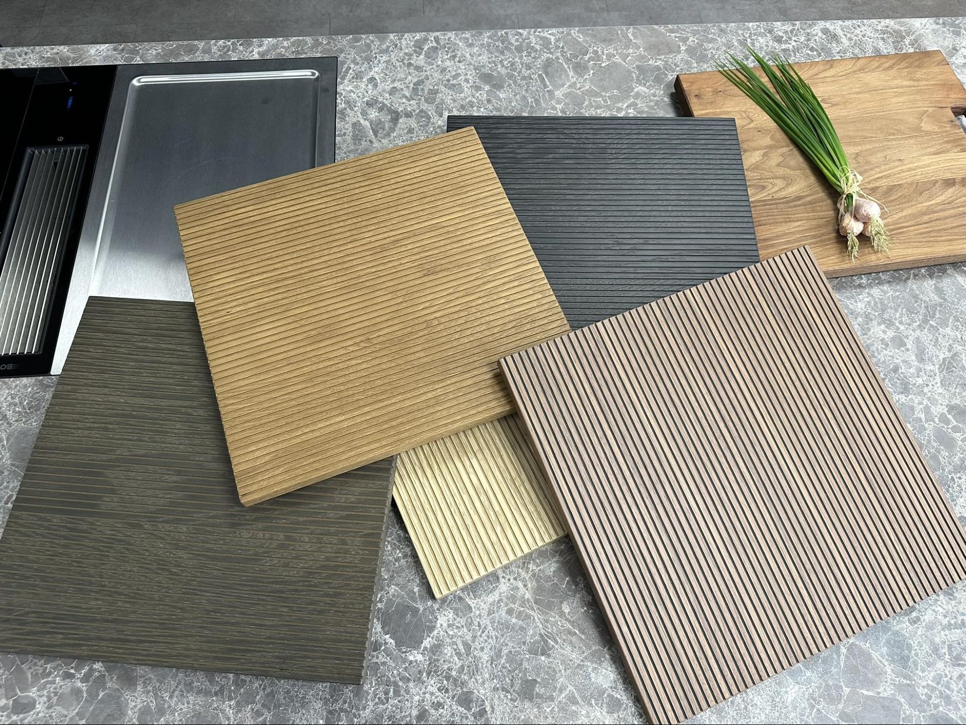 Fluted door samples from a luxury kitchen design company