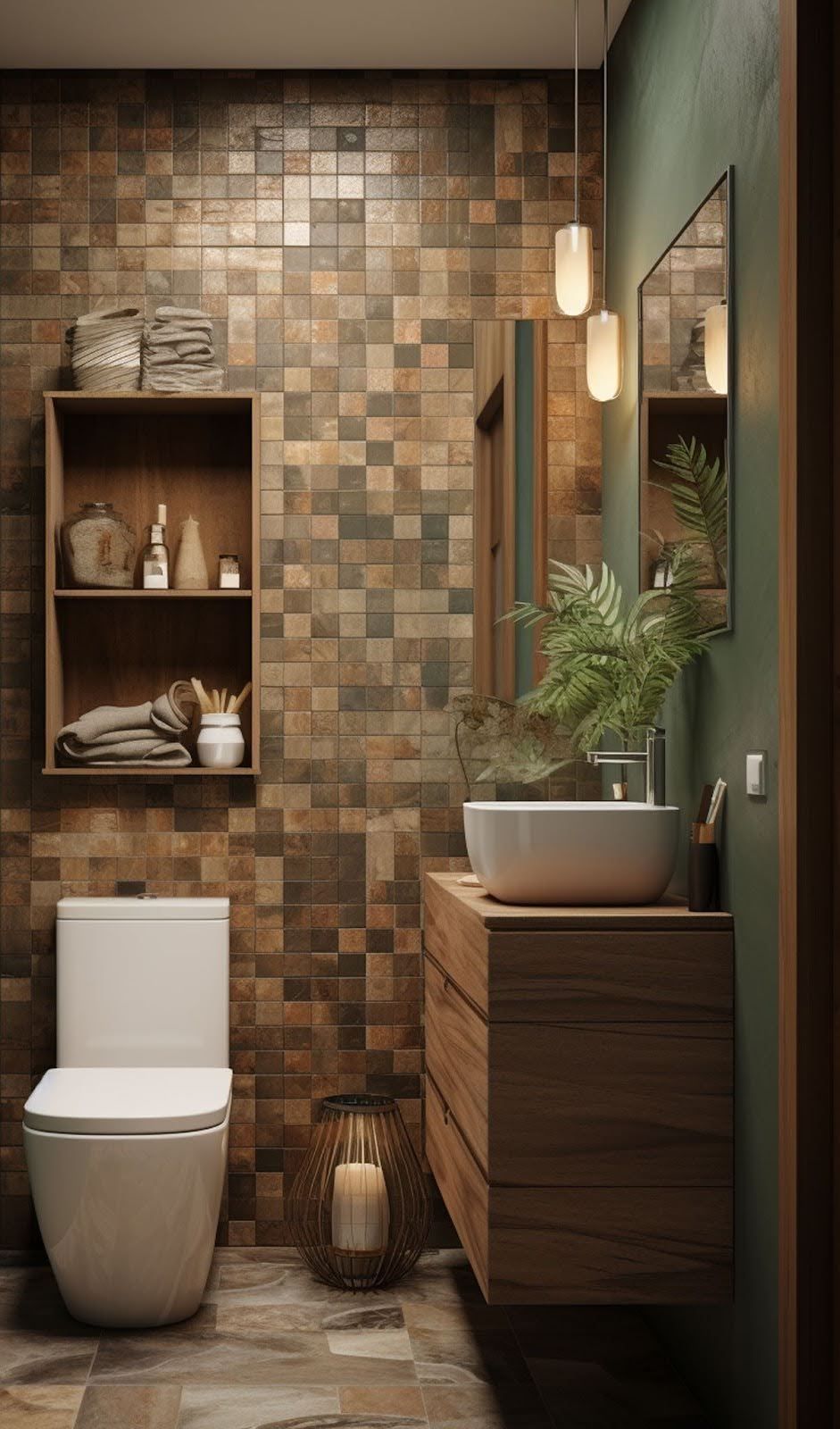 A trendy bathroom design with a toilet , sink and mirror.