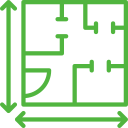A green icon of a floor plan with arrows pointing in opposite directions.