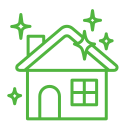 A green line drawing of a house with stars on the roof.