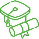 A green line drawing of a graduation cap and diploma.