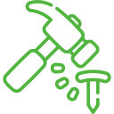 A green line icon of a hammer and nails.