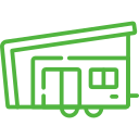 A green line drawing of a trailer with a roof.