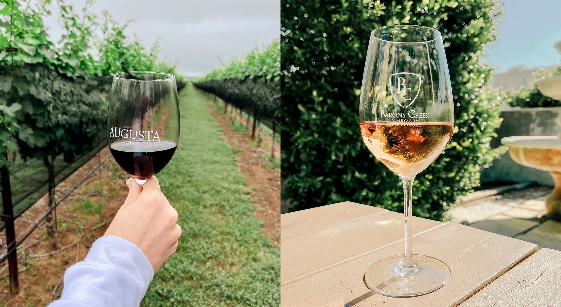 Two wine glasses, one red, one rose, in front of a vineyard.