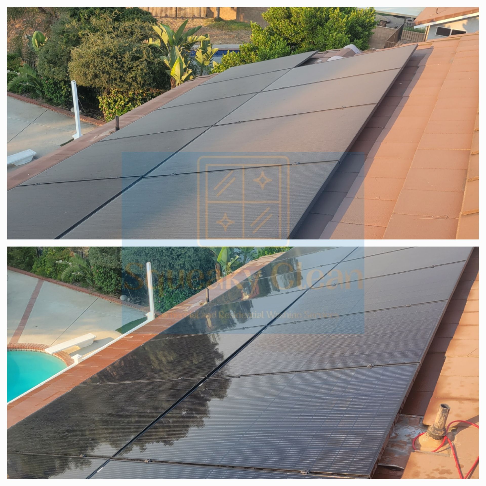 Before and After collage of two pictures of dirty and Squeaky Clean Solar panels in Moreno Valley CA.