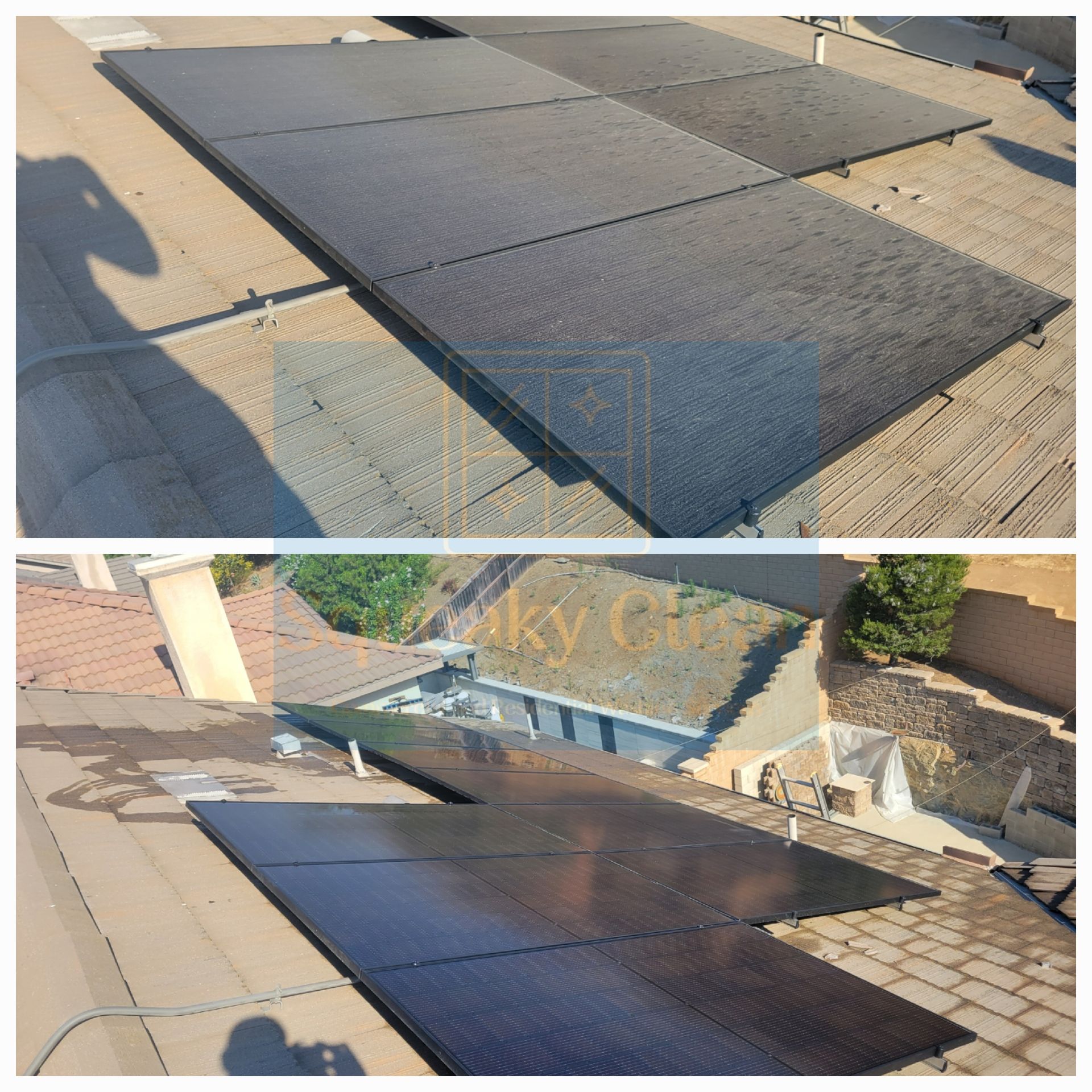 Before and after collage of solar panel cleaning by Squeaky Clean Washers, showing dirty and then spotless solar panels.